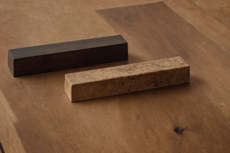Burl veneer panel, a travertine slab and unlacquered brass hardware arranged together on a workbench