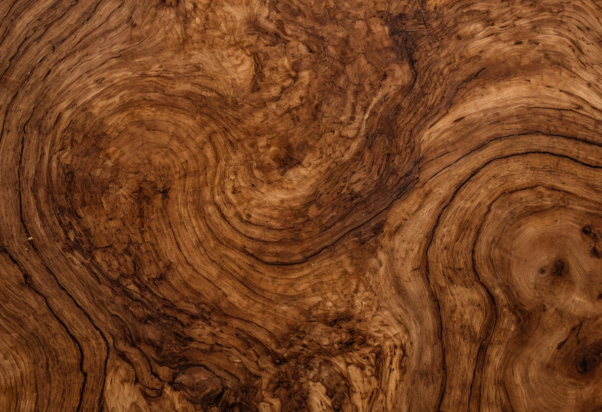 Macro photograph of walnut burl veneer showing dense knot clusters and swirling interlocked grain
