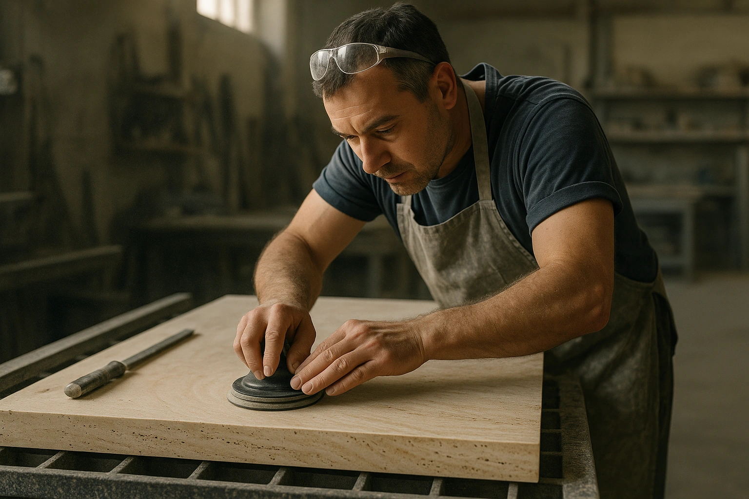 A stone fabricator working the surface of a travertine slab in a workshop