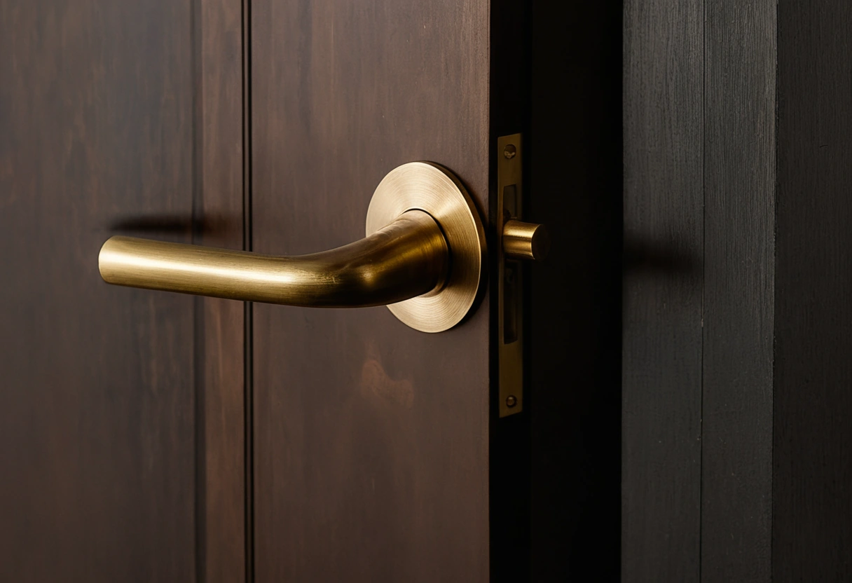 Close-up of an unlacquered brass handle showing a burnished bright area where hands grip it and a darkened film elsewhere