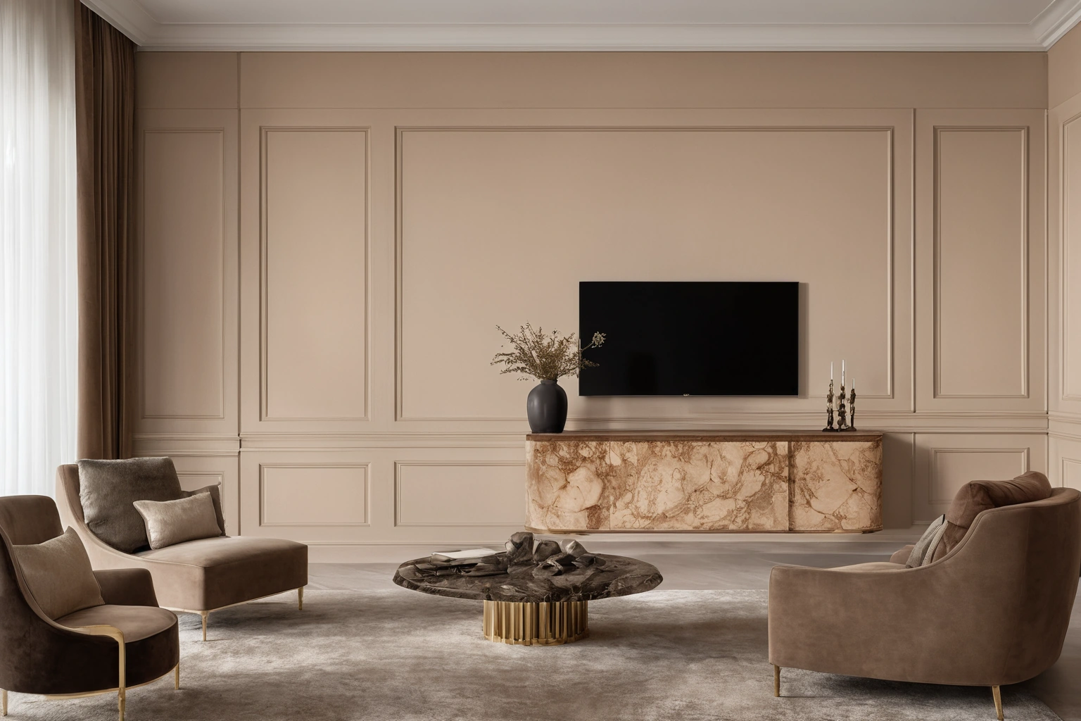 Interior with burl veneer cabinetry, a travertine surface and unlacquered brass hardware
